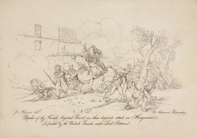 Abwehr der französischen kaiserlichen Garde bei ihrem verzweifelten Angriff auf Hougoumont, verteidigt von den britischen Wachen unter Lord Saltoun, Lithographie von R. Ackermann, 1815 von John Augustus Atkinson